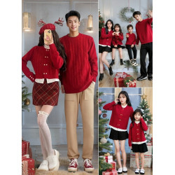 兒童毛衣情侶親子裝聖誕節喜慶紅色套裝全家福拍照衣服秋冬拜年服
