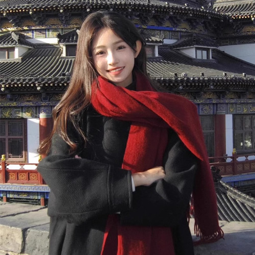 紅色圍巾女秋冬季保暖防風情侶加厚仿羊絨圍脖韓系氛圍感純色披肩 紅色圍巾女秋冬季保暖防風情侶加厚仿羊絨圍脖韓系氛圍感純色披肩