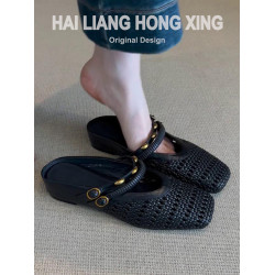 羊皮版~法式復古內增高包頭半拖鞋女外穿氣質編織鏤空穆勒涼拖鞋