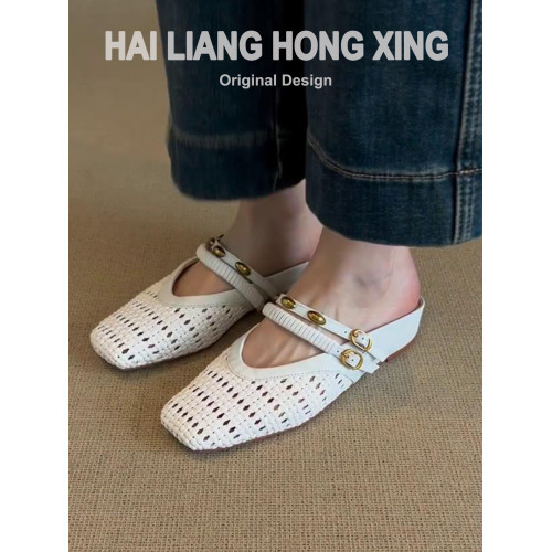 羊皮版~法式復古內增高包頭半拖鞋女外穿氣質編織鏤空穆勒涼拖鞋 羊皮版~法式復古內增高包頭半拖鞋女外穿氣質編織鏤空穆勒涼拖鞋