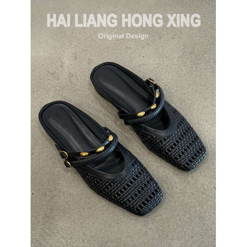 羊皮版~法式復古內增高包頭半拖鞋女外穿氣質編織鏤空穆勒涼拖鞋 羊皮版~法式復古內增高包頭半拖鞋女外穿氣質編織鏤空穆勒涼拖鞋