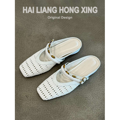 羊皮版~法式復古內增高包頭半拖鞋女外穿氣質編織鏤空穆勒涼拖鞋 羊皮版~法式復古內增高包頭半拖鞋女外穿氣質編織鏤空穆勒涼拖鞋