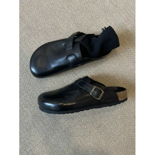 男女同款黑色包頭半拖勃肯鞋女夏季外穿2025新款真皮厚底復古拖鞋 男女同款黑色包頭半拖勃肯鞋女夏季外穿2025新款真皮厚底復古拖鞋