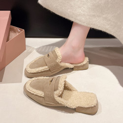 毛毛包頭半拖鞋女外穿2025秋冬新款配裙子加絨保暖粗跟穆勒棉拖鞋