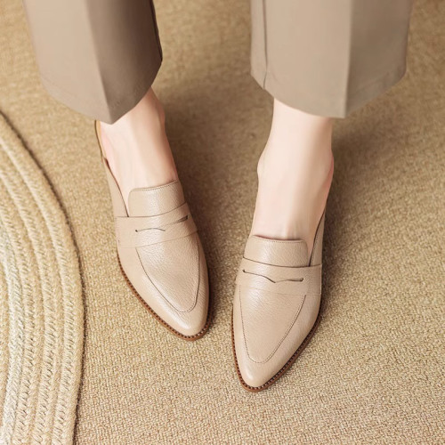 青蘊真皮包頭半拖鞋女夏季外穿2025年新款時尚粗跟尖頭穆勒涼拖鞋 青蘊真皮包頭半拖鞋女夏季外穿2025年新款時尚粗跟尖頭穆勒涼拖鞋