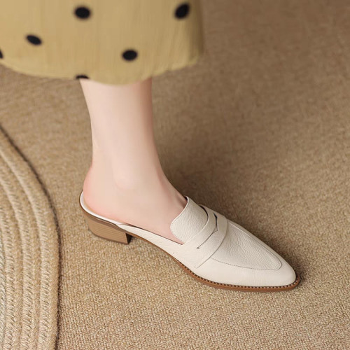 青蘊真皮包頭半拖鞋女夏季外穿2025年新款時尚粗跟尖頭穆勒涼拖鞋 青蘊真皮包頭半拖鞋女夏季外穿2025年新款時尚粗跟尖頭穆勒涼拖鞋