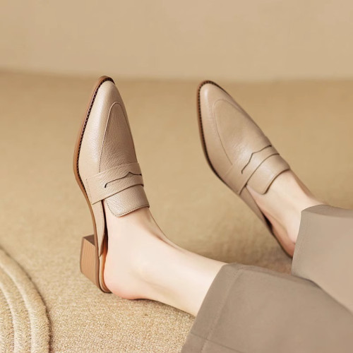 青蘊真皮包頭半拖鞋女夏季外穿2025年新款時尚粗跟尖頭穆勒涼拖鞋 青蘊真皮包頭半拖鞋女夏季外穿2025年新款時尚粗跟尖頭穆勒涼拖鞋