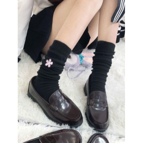 日系JK櫻花刺綉壓力襪子女韓版可愛學生製服中筒純色顯瘦小腿襪棉