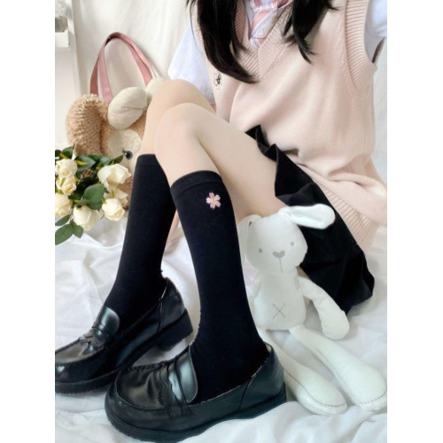 日系JK櫻花刺綉壓力襪子女韓版可愛學生製服中筒純色顯瘦小腿襪棉