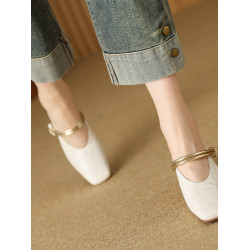 7cm羊皮高跟包頭半拖鞋女夏外穿穆勒時尚復古方頭粗跟瑪麗珍涼拖