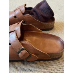 棕色復古勃肯鞋半拖男女同款2024款夏季包頭牛皮厚底懶人拖鞋大碼