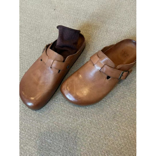 棕色復古勃肯鞋半拖男女同款2024款夏季包頭牛皮厚底懶人拖鞋大碼 棕色復古勃肯鞋半拖男女同款2024款夏季包頭牛皮厚底懶人拖鞋大碼