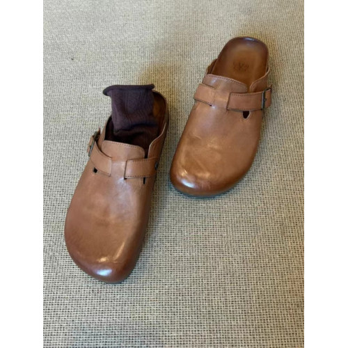 棕色復古勃肯鞋半拖男女同款2024款夏季包頭牛皮厚底懶人拖鞋大碼 棕色復古勃肯鞋半拖男女同款2024款夏季包頭牛皮厚底懶人拖鞋大碼