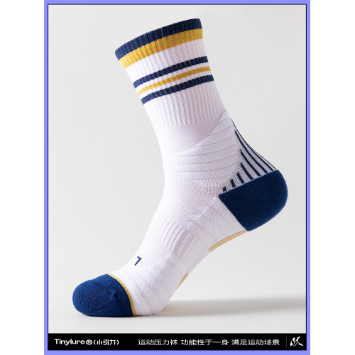 Tinylure小引力專業運動襪女彈力條紋白色中筒襪瘦腿條紋壓力襪男