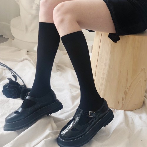 jk小腿過膝中筒薄款半截夏季襪子女黑色夏天長襪天鵞絨瘦腿壓力襪