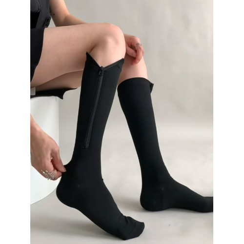 黑色小腿襪子女夏薄款長筒襪騎行壓力襪夏季女士長襪側邊拉鍊襪子
