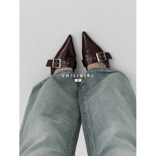 CHILIGIRL韓國東大門尖頭高跟涼鞋皮帶釦細跟後空半托穆勒鞋夏季 CHILIGIRL韓國東大門尖頭高跟涼鞋皮帶釦細跟後空半托穆勒鞋夏季