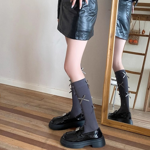 芭蕾風小腿襪子女春秋款及膝襪蝴蝶結洛麗塔長筒壓力襪甜美秋冬款