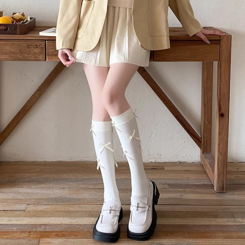 芭蕾風小腿襪子女春秋款及膝襪蝴蝶結洛麗塔長筒壓力襪甜美秋冬款