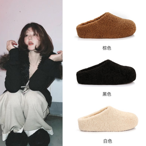 趙露思同款羊羔毛包頭半拖鞋時尚外穿秋冬厚底一腳蹬毛毛鞋勃肯鞋