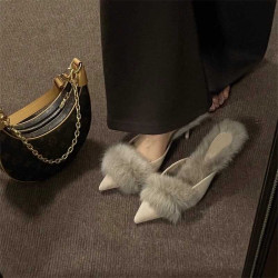 穆勒鞋春秋細跟毛毛拖鞋女外穿包頭高跟鞋加絨保暖法式小跟鞋新款