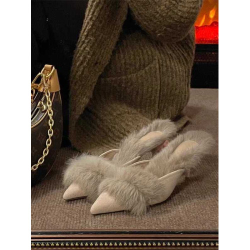 穆勒鞋春秋細跟毛毛拖鞋女外穿包頭高跟鞋加絨保暖法式小跟鞋新款