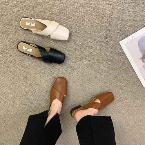 包頭半拖鞋女夏外穿2025新款小衆設計感一腳蹬穆勒女士平底涼拖鞋 包頭半拖鞋女夏外穿2025新款小衆設計感一腳蹬穆勒女士平底涼拖鞋