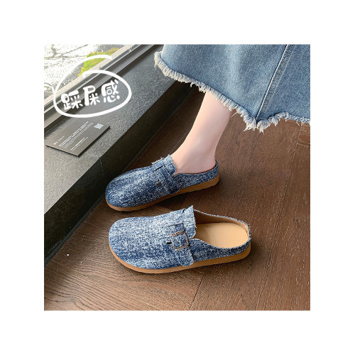 復古森系軟木底勃肯鞋懶人一腳蹬牛仔布包頭半拖鞋女外穿後空涼拖