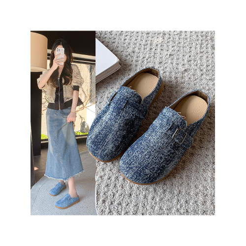 復古森系軟木底勃肯鞋懶人一腳蹬牛仔布包頭半拖鞋女外穿後空涼拖