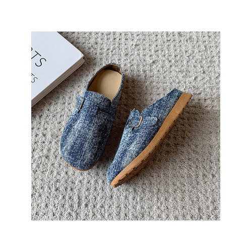 復古森系軟木底勃肯鞋懶人一腳蹬牛仔布包頭半拖鞋女外穿後空涼拖