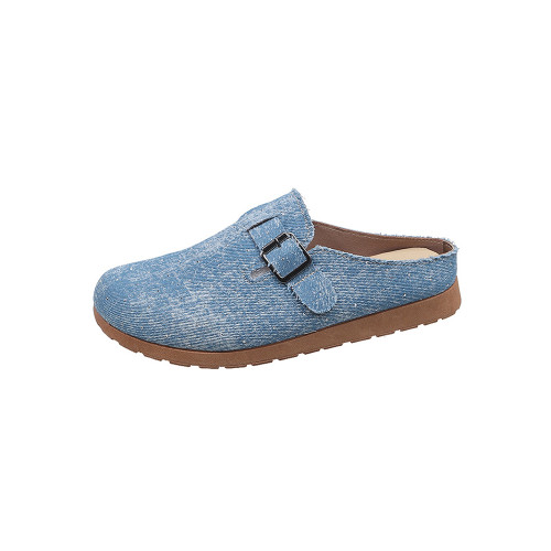 復古森系軟木底勃肯鞋懶人一腳蹬牛仔布包頭半拖鞋女外穿後空涼拖