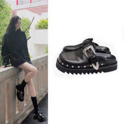 熱巴同款半拖鞋包頭穆勒鞋勃肯鞋外穿博肯鞋厚底柳釘皮帶釦涼鞋女