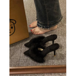 毛毛高跟涼拖鞋女時尚外穿秋冬新款百搭尖頭細跟包頭穆勒半拖鞋女