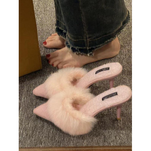 毛毛高跟涼拖鞋女時尚外穿秋冬新款百搭尖頭細跟包頭穆勒半拖鞋女