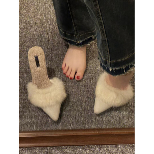 毛毛高跟涼拖鞋女時尚外穿秋冬新款百搭尖頭細跟包頭穆勒半拖鞋女