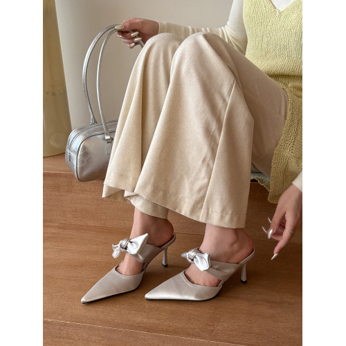 elingstudio 奈白高級!綢緞尖頭蝴蝶結穆勒細高跟鞋女包頭半拖鞋 elingstudio 奈白高級!綢緞尖頭蝴蝶結穆勒細高跟鞋女包頭半拖鞋