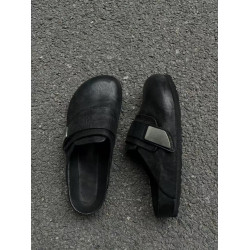 馬皮版包頭穆勒鞋男女同款時尚真皮潮酷風厚底勃肯鞋黑色外穿半拖