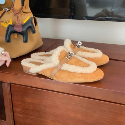 真皮版~鎖扣包頭羊羔毛毛拖鞋女秋冬粗跟一腳蹬懶人穆勒半拖外穿