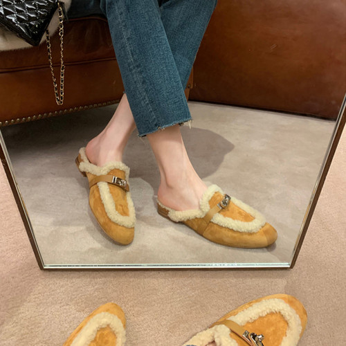 真皮版~鎖扣包頭羊羔毛毛拖鞋女秋冬粗跟一腳蹬懶人穆勒半拖外穿 真皮版~鎖扣包頭羊羔毛毛拖鞋女秋冬粗跟一腳蹬懶人穆勒半拖外穿