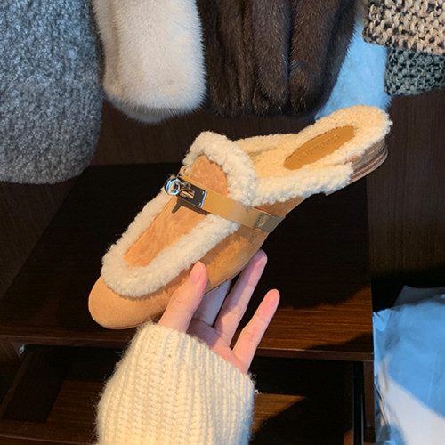 真皮版~鎖扣包頭羊羔毛毛拖鞋女秋冬粗跟一腳蹬懶人穆勒半拖外穿 真皮版~鎖扣包頭羊羔毛毛拖鞋女秋冬粗跟一腳蹬懶人穆勒半拖外穿