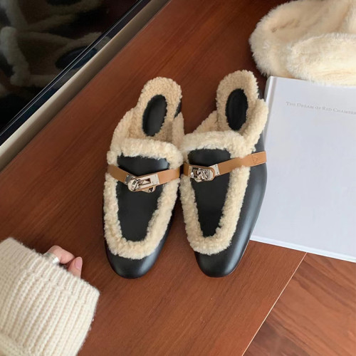 真皮版~鎖扣包頭羊羔毛毛拖鞋女秋冬粗跟一腳蹬懶人穆勒半拖外穿 真皮版~鎖扣包頭羊羔毛毛拖鞋女秋冬粗跟一腳蹬懶人穆勒半拖外穿