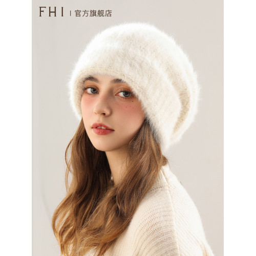 FHI女秋冬季兔毛帽白色保暖加厚大頭圍顯臉小毛絨針織護耳毛線帽 FHI女秋冬季兔毛帽白色保暖加厚大頭圍顯臉小毛絨針織護耳毛線帽
