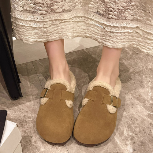 勃肯鞋加絨毛毛拖鞋女外穿2025新款秋冬季一腳蹬懶人平底包頭棉拖