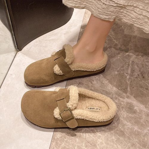 勃肯鞋加絨毛毛拖鞋女外穿2025新款秋冬季一腳蹬懶人平底包頭棉拖