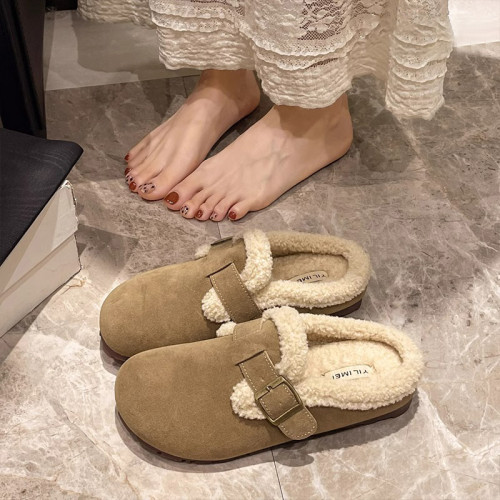勃肯鞋加絨毛毛拖鞋女外穿2025新款秋冬季一腳蹬懶人平底包頭棉拖