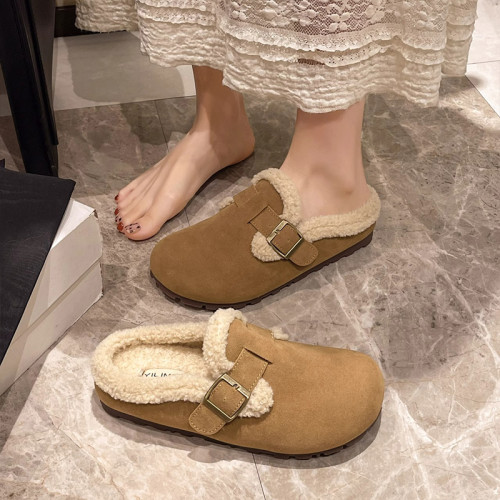 勃肯鞋加絨毛毛拖鞋女外穿2025新款秋冬季一腳蹬懶人平底包頭棉拖
