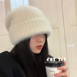 毛茸茸的兔毛帽子大頭圍毛線帽女秋冬保暖粗線針織帽白色冷帽帽子