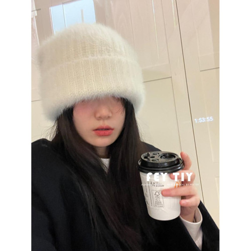 毛茸茸的兔毛帽子大頭圍毛線帽女秋冬保暖粗線針織帽白色冷帽帽子 毛茸茸的兔毛帽子大頭圍毛線帽女秋冬保暖粗線針織帽白色冷帽帽子