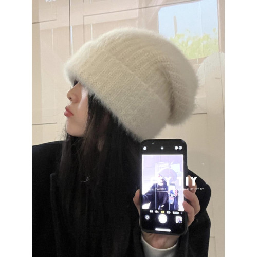 毛茸茸的兔毛帽子大頭圍毛線帽女秋冬保暖粗線針織帽白色冷帽帽子 毛茸茸的兔毛帽子大頭圍毛線帽女秋冬保暖粗線針織帽白色冷帽帽子