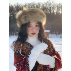 棕色空頂帽子藏族藏服寫真仿狐狸毛髮帶包頭帽民族異域長毛帽頭飾